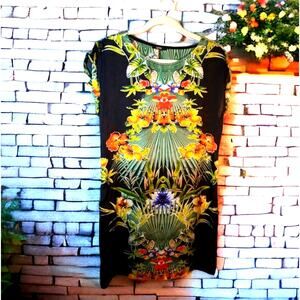 MSK Women’s Sheath Dress Size 10 Black Tropical Floral Bird Print Boat Neck
